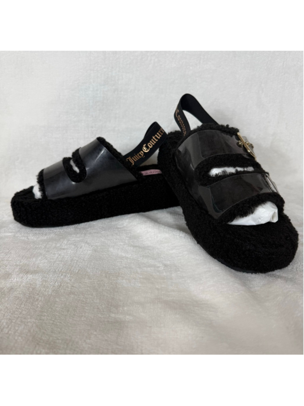 Women's Juicy Couture Black Faux Fur Slippers With Buckle Size 7